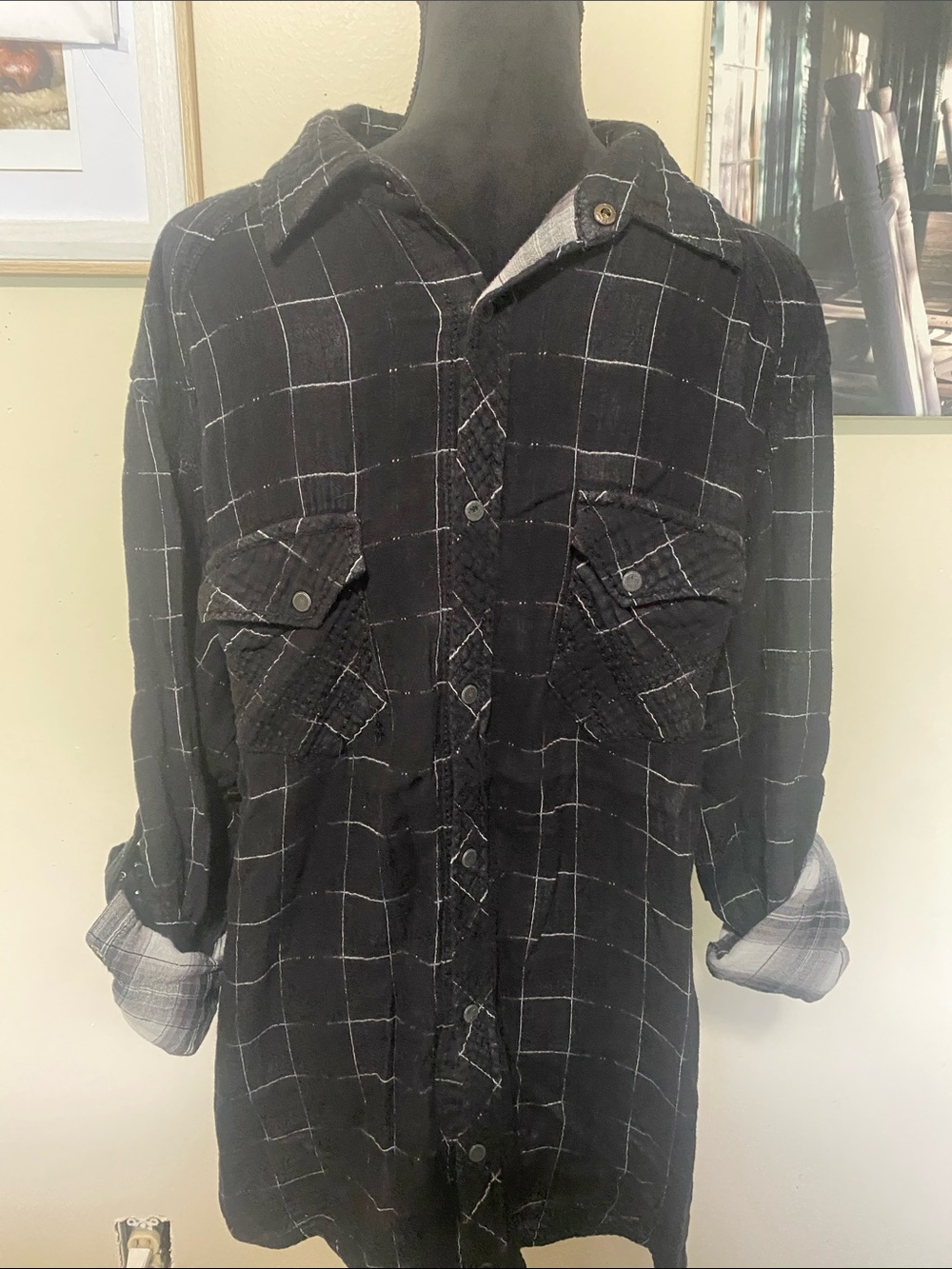 Buckle Black Label No. 48 Slim Fit Black Windowpane Snap Button-Up Sz XL